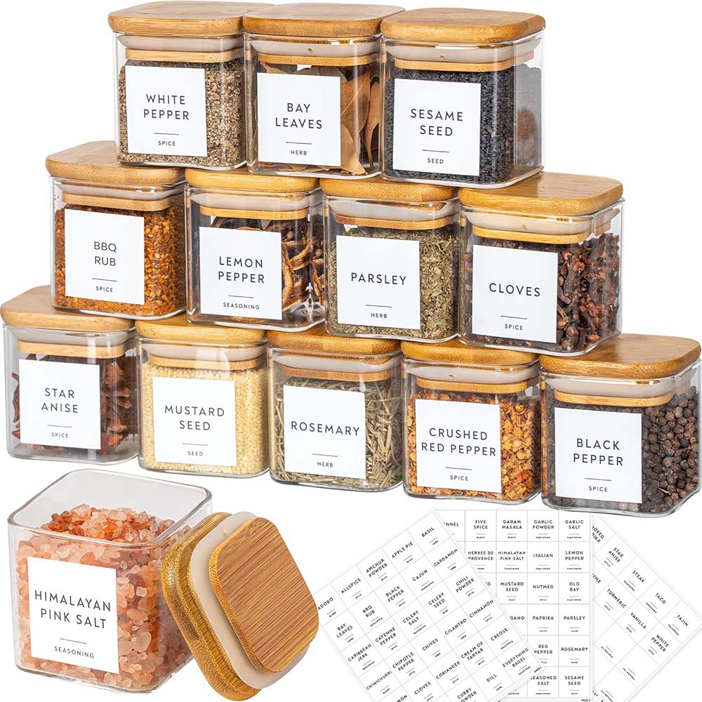 Meal Prep Glass Containers With Lids - مجموعة برطمانات زجاجية مزودة بملصقات توابل