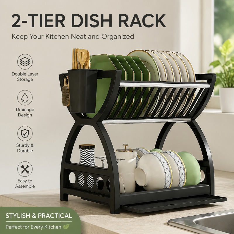 Meal Prep Organizer - رف تجفيف أطباق من طبقتين للمطبخ